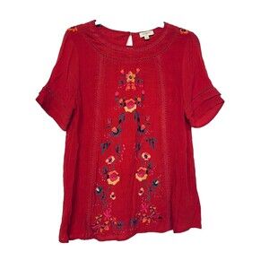 Umgee Womens Top size Small Red Floral Embroidered Boho Crepe Style Top